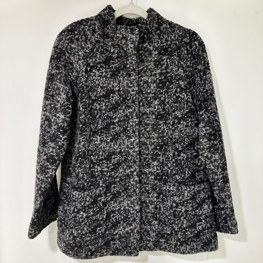 Talbots‎ Women Coat Jacket Wool Blend Boucle Mock Neck Pockets Small Gray Black
